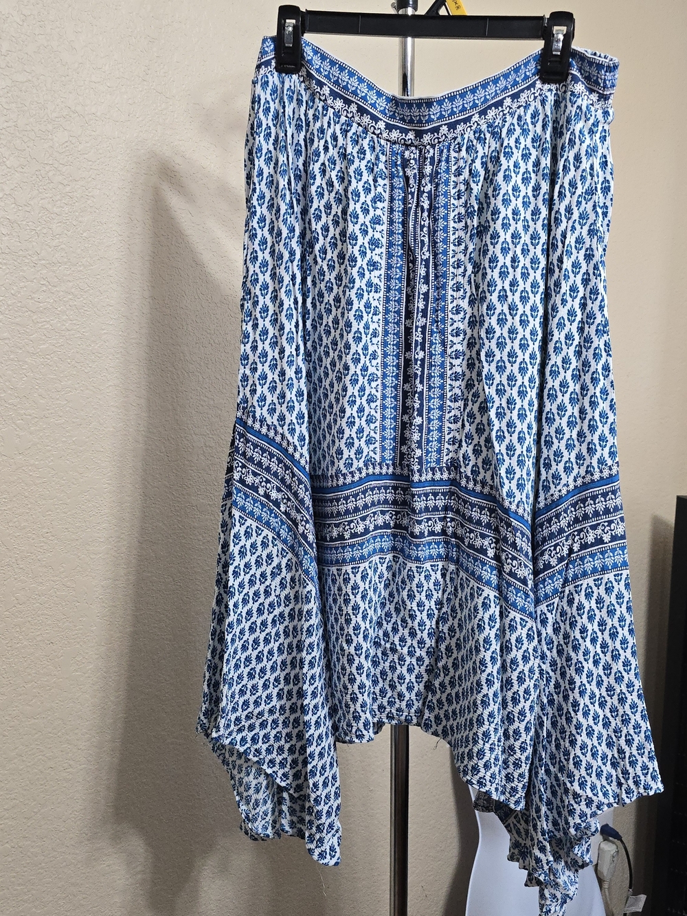 new directions Blue and White Asymmetrical Printed Midi Skirt